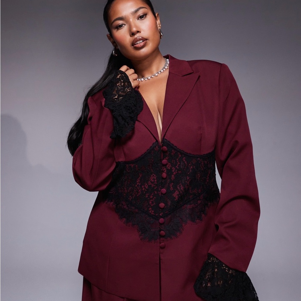 ASOS LUXE Curve tailored blazer with lace corset detail in dark cherry - Picture 4 of 4